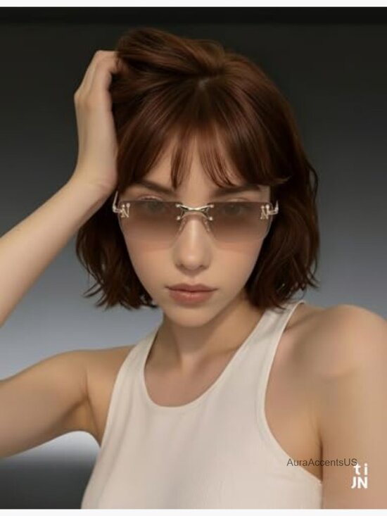 Rimless Blue Light Glasses, Retro Y2K Rectangle Tinted Lens, UV Protection main image 4